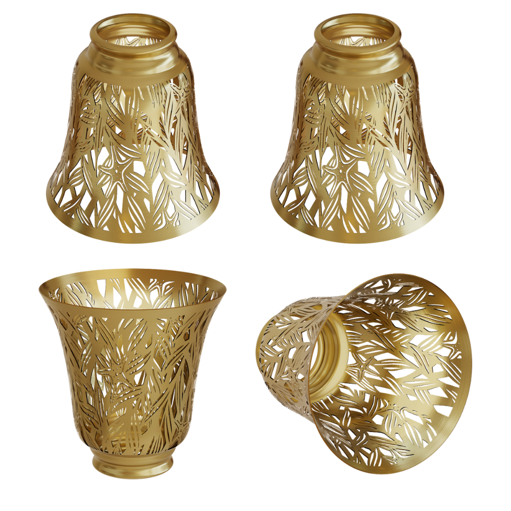 A set of four gold-colored metal lamp shades with a starburst pattern.