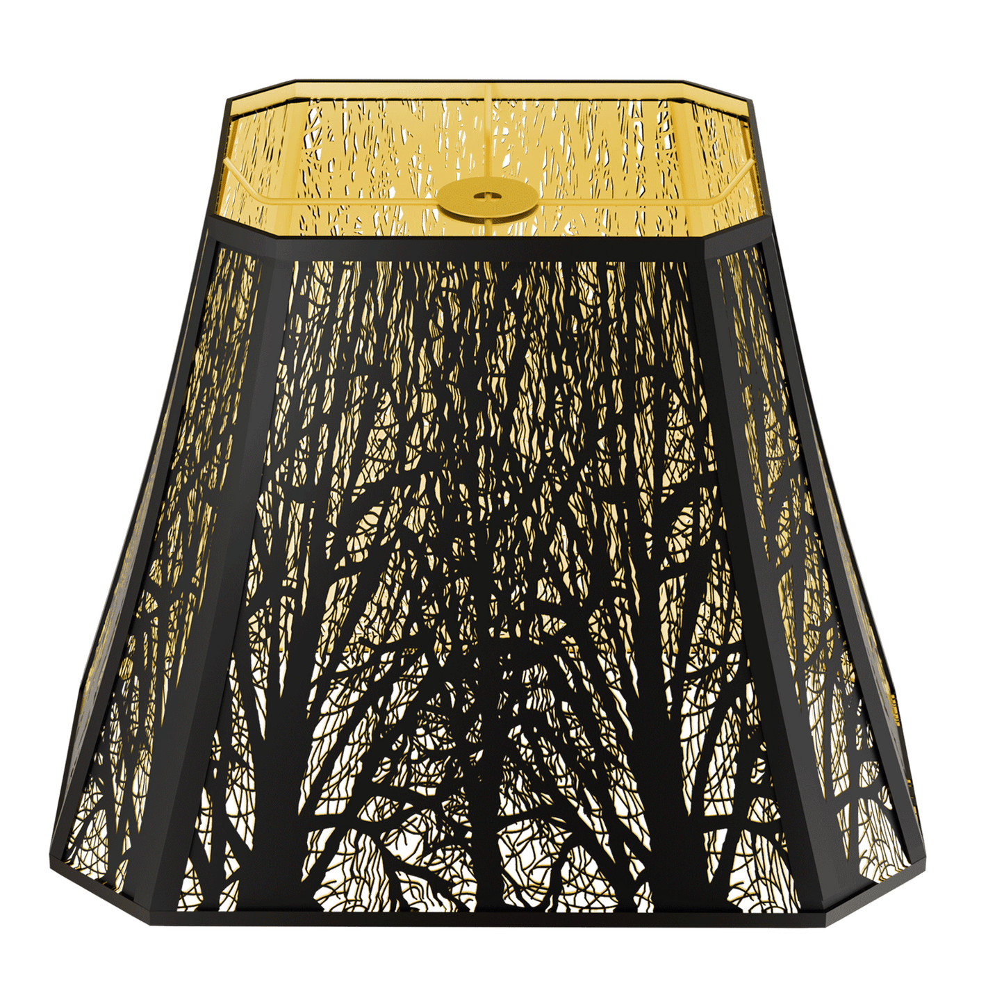 A large rectangle lampshade with a black forest etched pattern on it, with a gold-colored top and bottom.