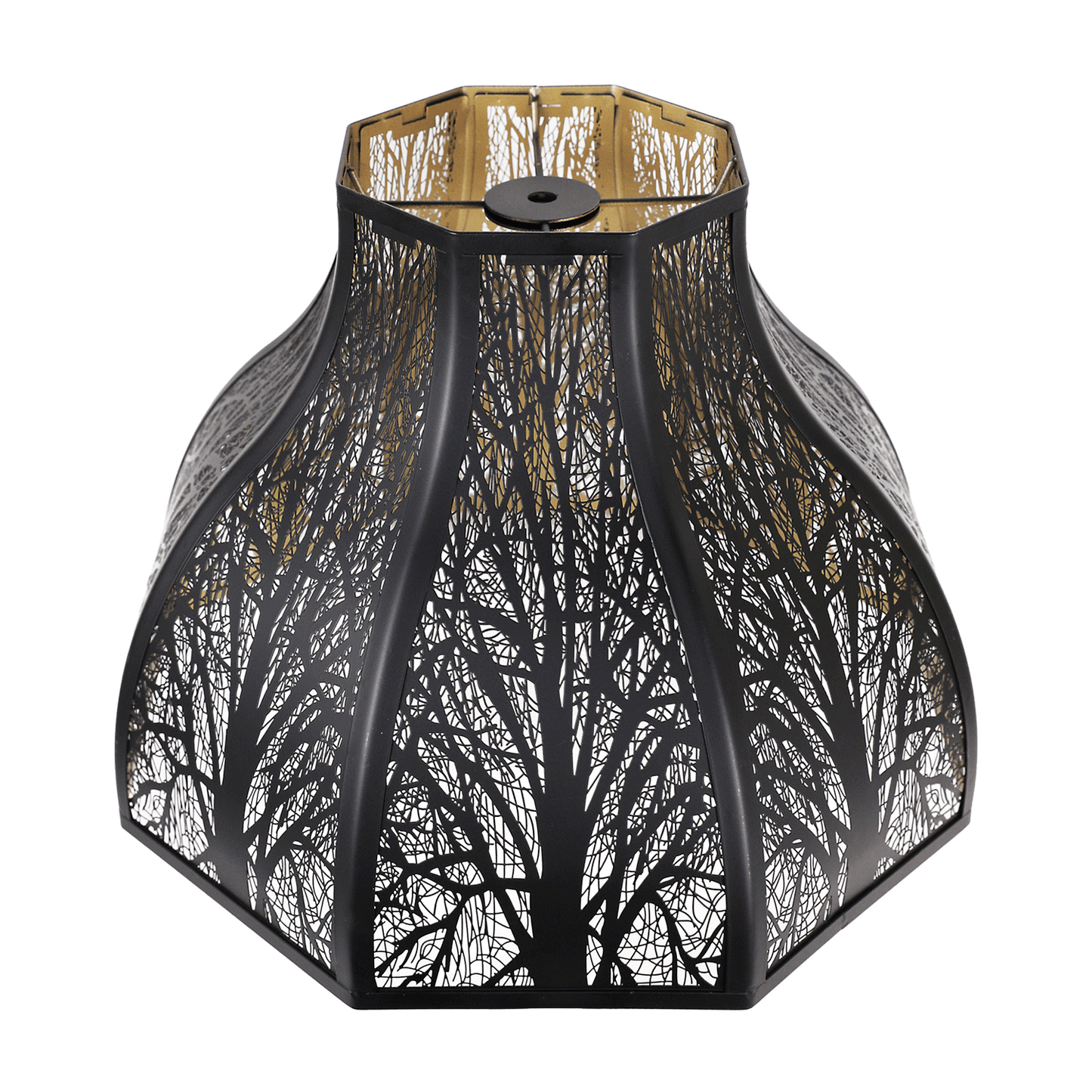 A metal lampshade with an 8-petal design featuring a hand-etched forest pattern.