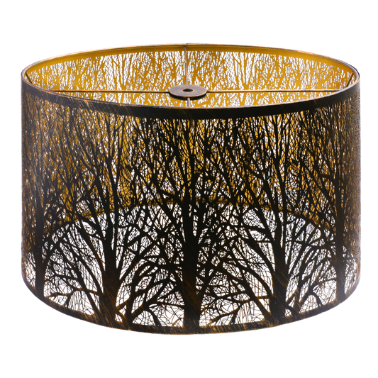 Weathered bronze oval metal lamp shade with gold etching, featuring a botanical pattern.