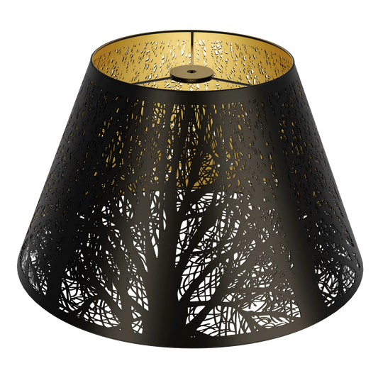 A black conical lampshade with a geometric pattern etched into the surface, with a gold interior visible at the top.