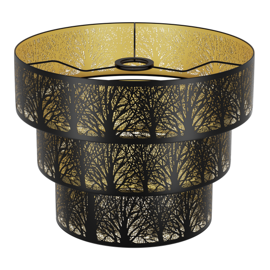A three-tiered drum shade with black and gold etched tree motifs, designed for use with floor lamps.