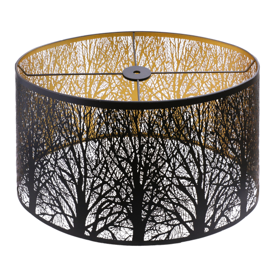 Black oval metal lamp shade with gold interior featuring etched woodland art.