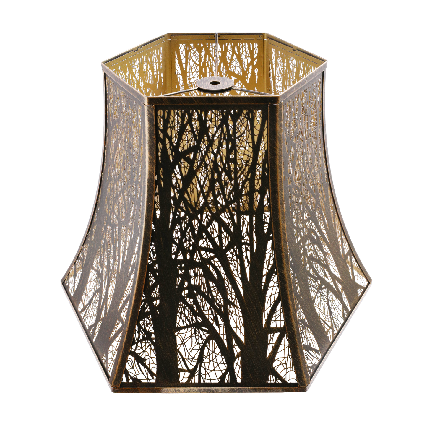 An octagon-shaped metal lamp shade with a bronze exterior and gold lining, featuring a woodland motif.