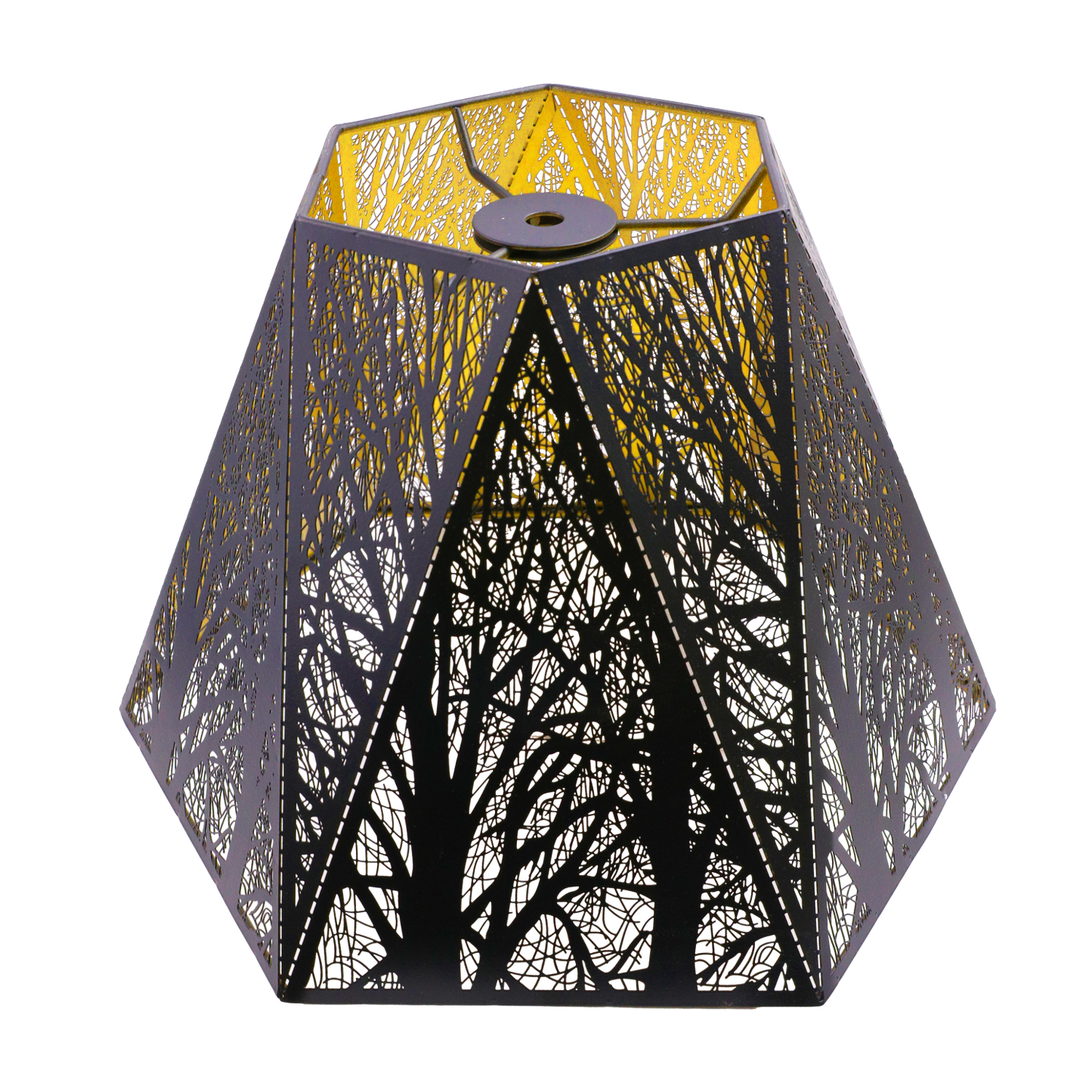 A vintage hexagon lamp shade with black exterior and gold interior etching, designed for warm ambient lighting.