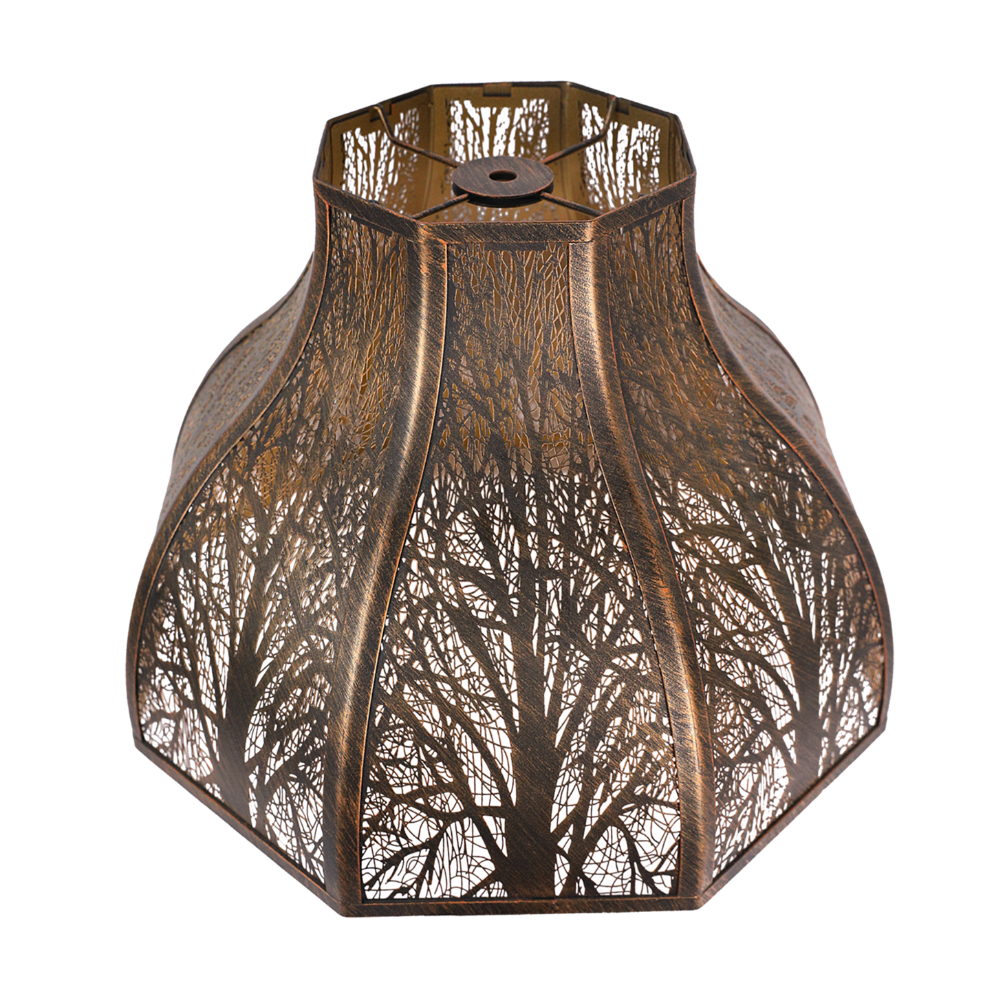 Etched metal lamp shade with a grand 8-petal lotus design, featuring an antique bronze finish with a gold interior.