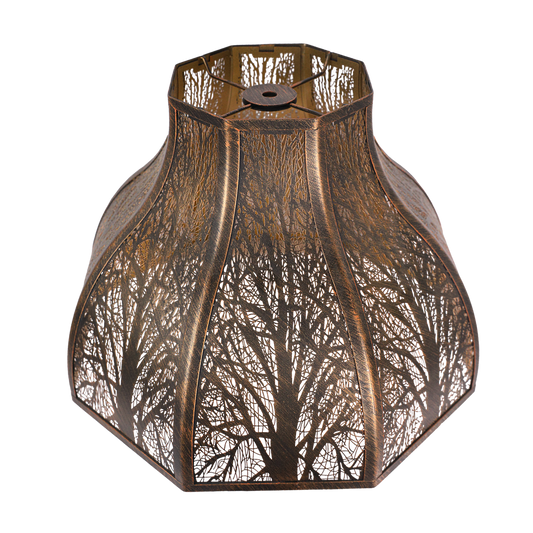 Etched metal lamp shade with a grand 8-petal lotus design, featuring an antique bronze finish with a gold interior.