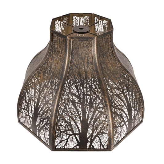 A bronze-finished metal lampshade with a lotus shape design, featuring intricate patterns inspired by tree branches.