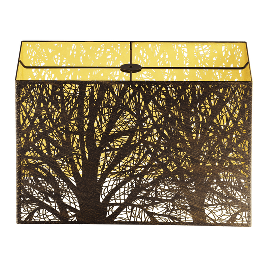 A rectangular metal lamp shade with bronze exterior and gold interior, featuring etched botanical patterns.