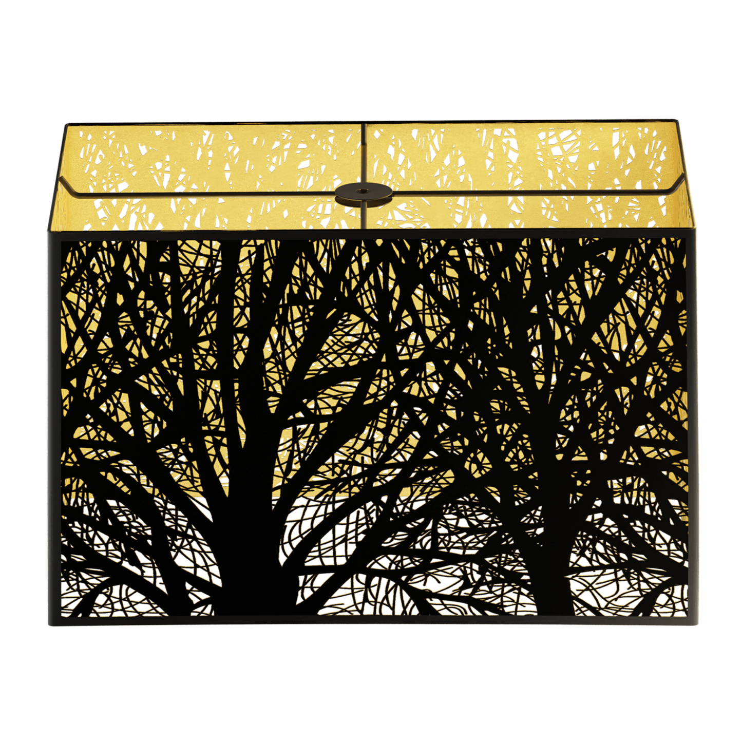 A rectangular metal lampshade with a black silhouette of tree branches against a gold background.