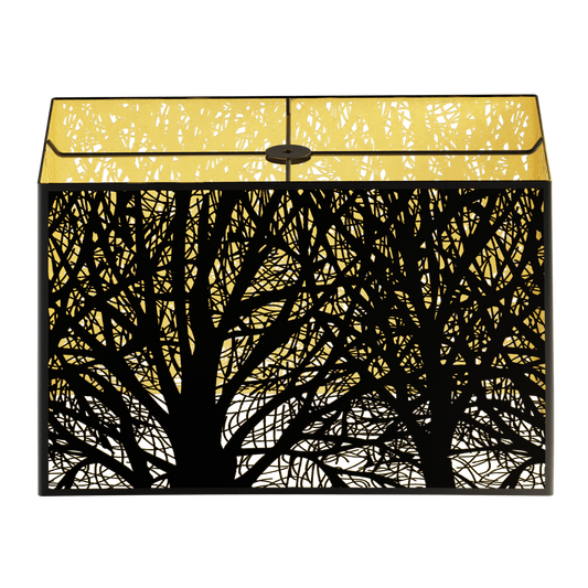 A rectangular metal lampshade with a black silhouette of tree branches against a gold background.
