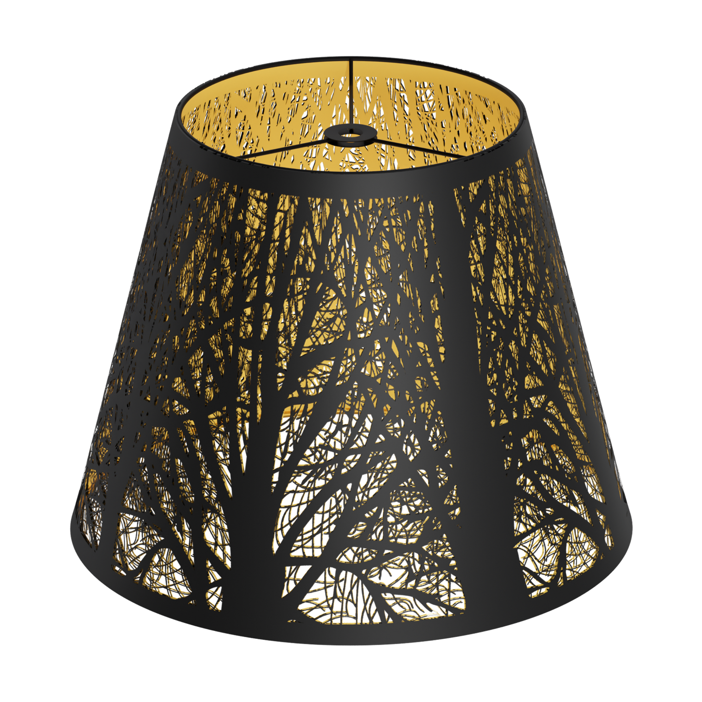 A small metal lampshade with a hand-etched forest design, featuring a black exterior and gold interior.