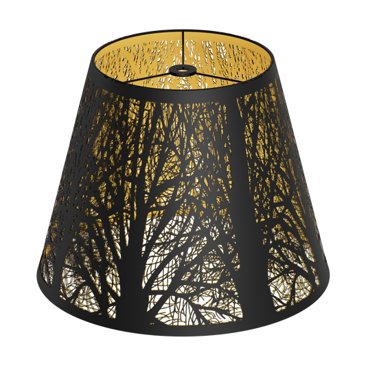 A small metal lampshade with a hand-etched forest design, featuring a black exterior and gold interior.