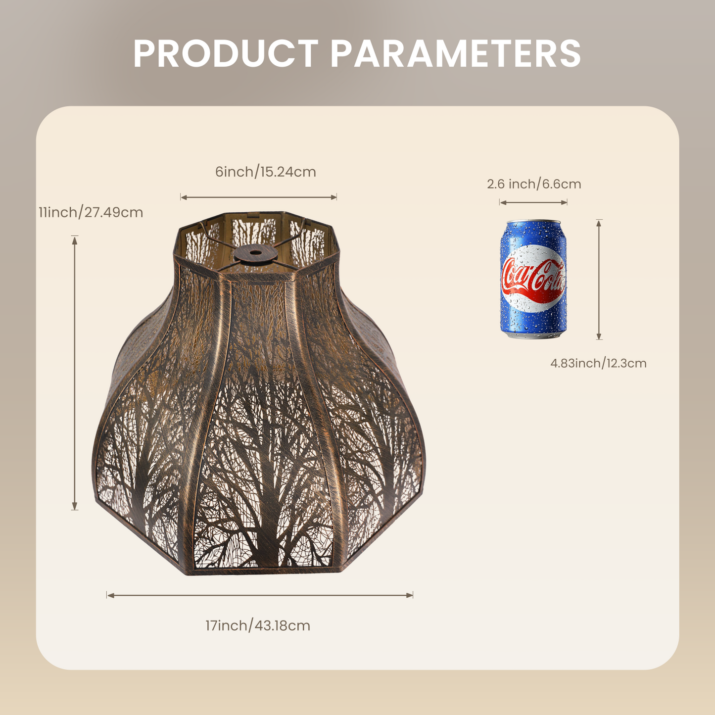 Measurement chart comparing a decorative lamp shade to a Coca-Cola can on a plain background.