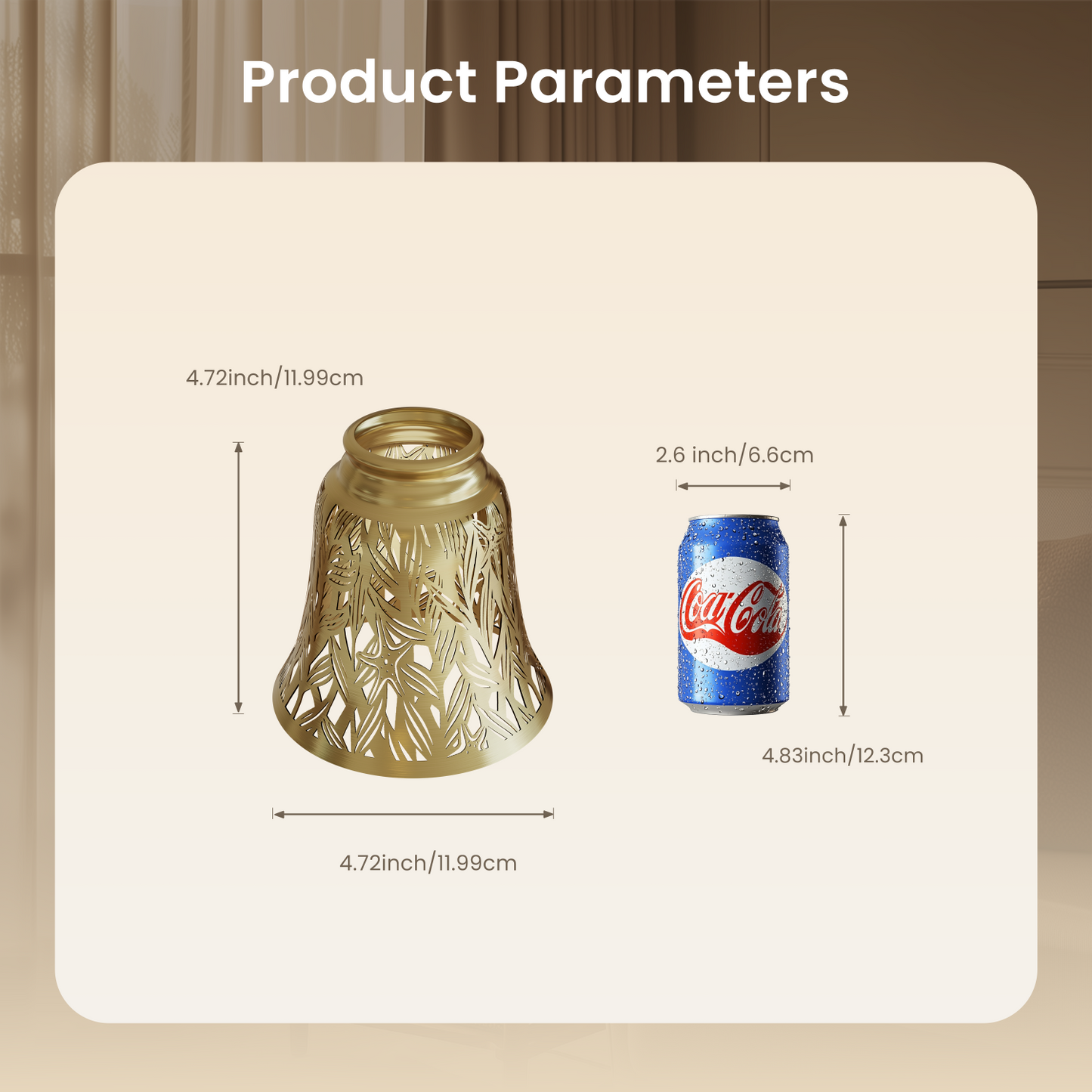Decorative lantern with dimensions compared to a can of soda on a neutral background.