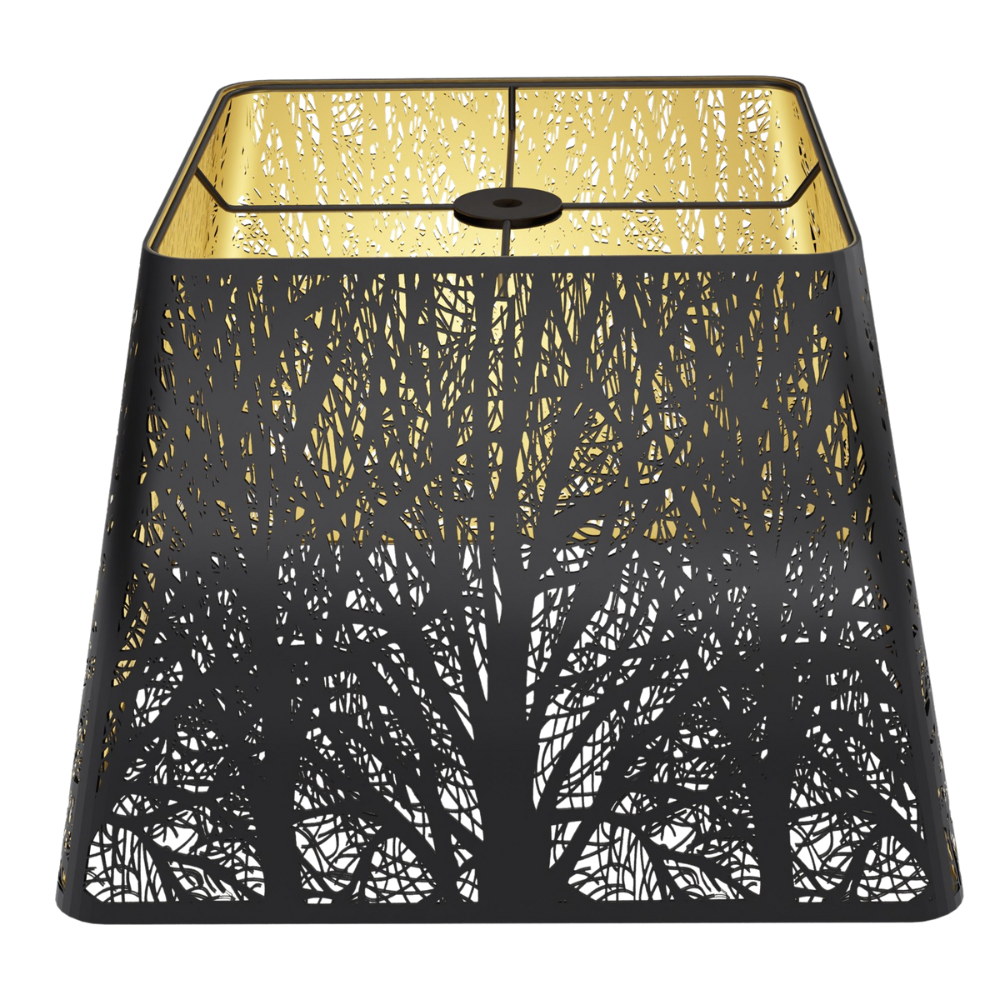 A square metal lamp shade with a black matte exterior and warm gold interior, featuring a woodland texture design.