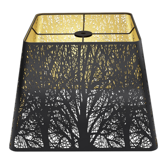 A square metal lamp shade with a black matte exterior and warm gold interior, featuring a woodland texture design.