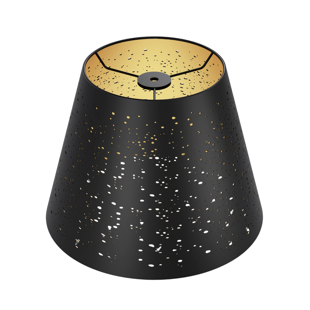 A black etched lampshade with gold stars pattern, designed for table lamps.