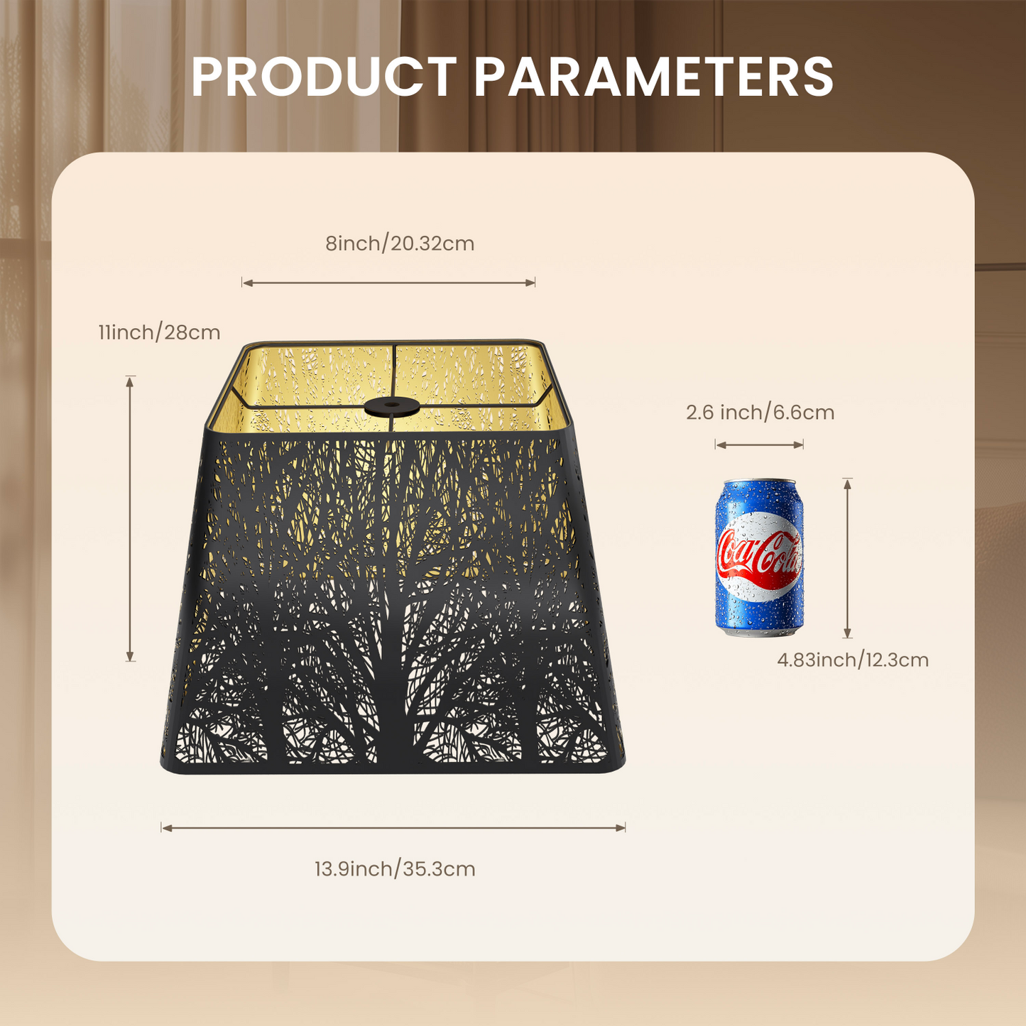Measurement chart for a lampshade with a can of soda for scale.