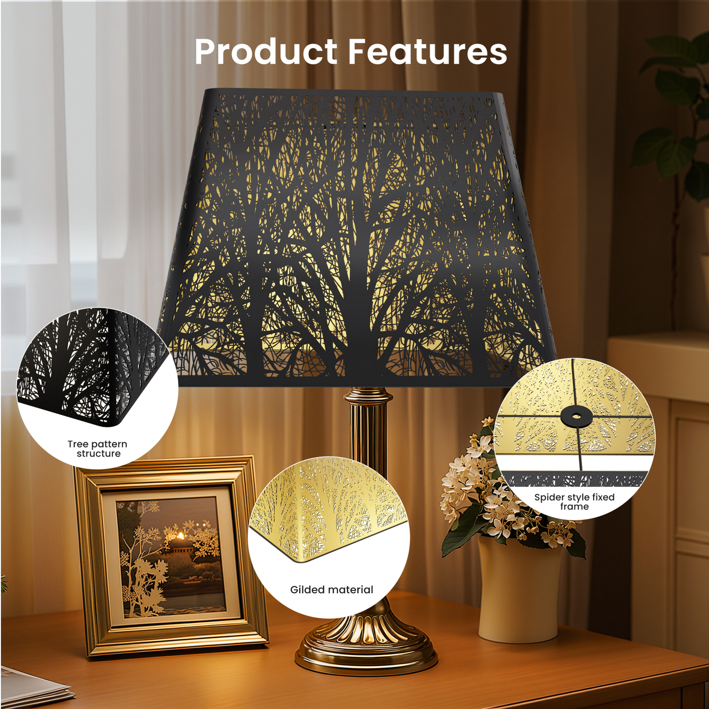 Decorative lamp with tree pattern shade on a table.