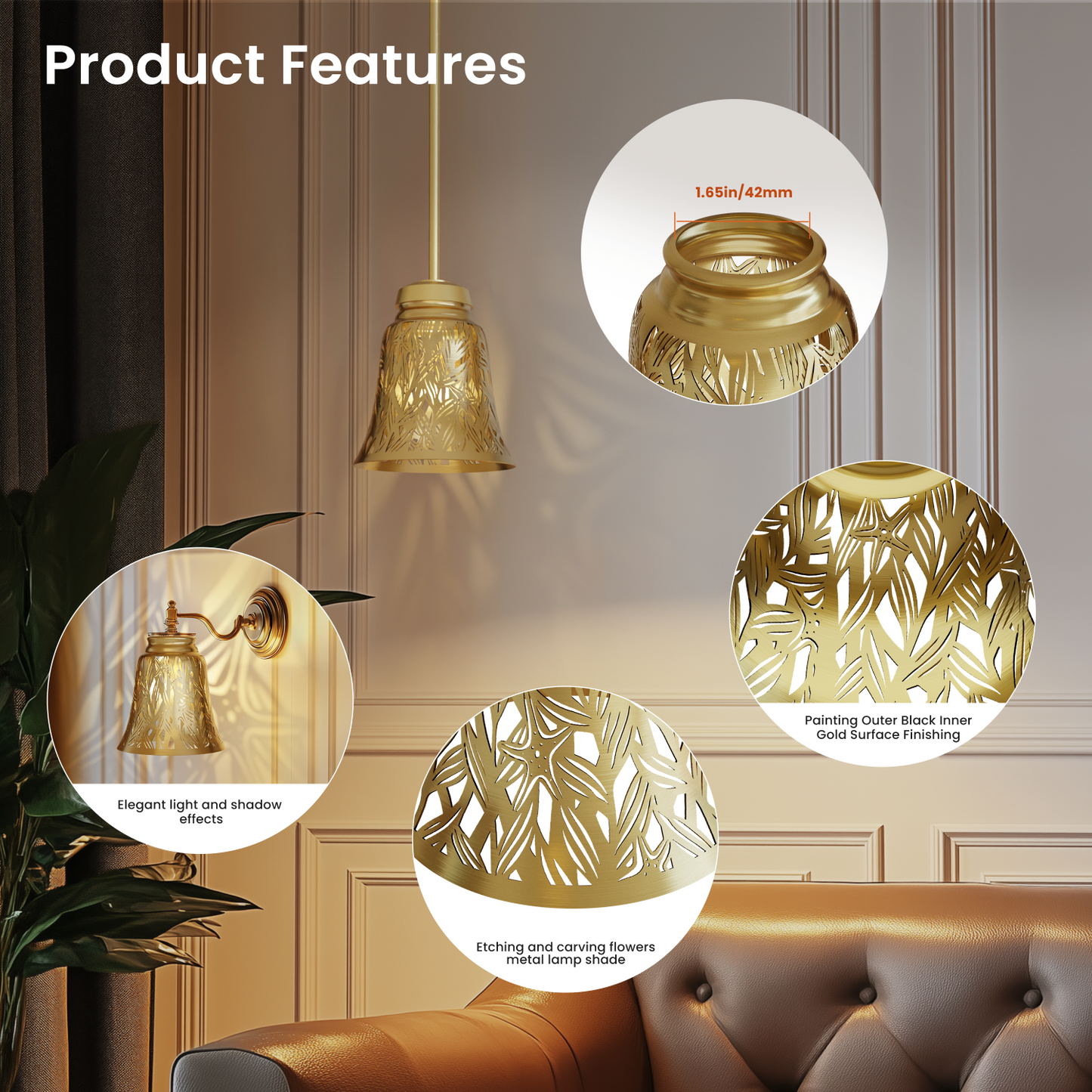 Gold pendant light with decorative features in a room setting.