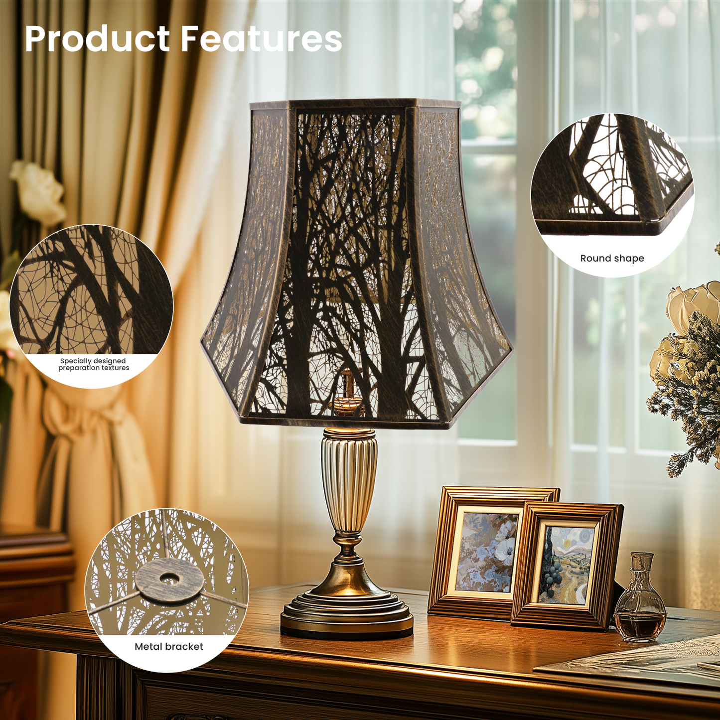 Decorative table lamp with tree branch design on a wooden table.