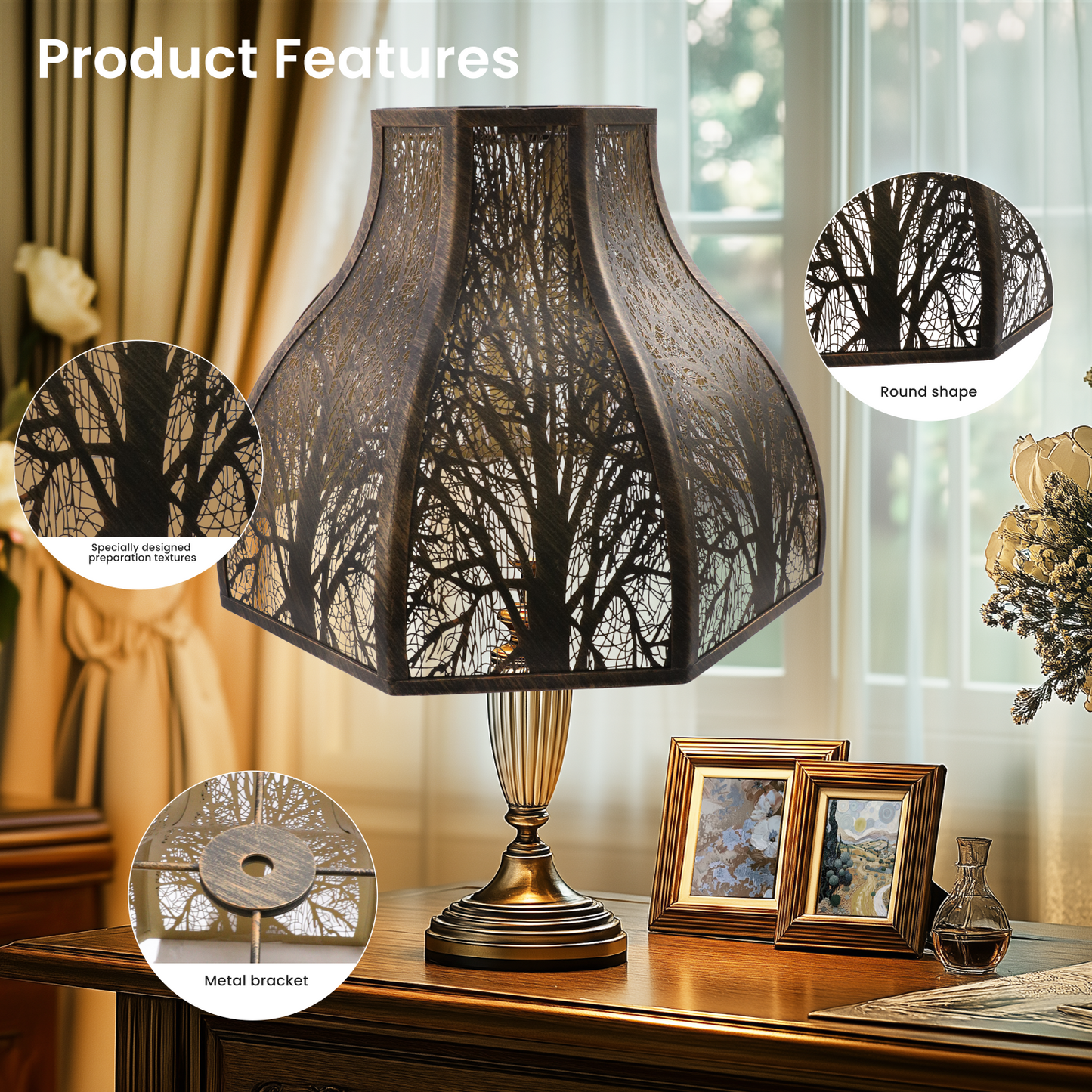 Decorative table lampshade with tree silhouette design on a wooden table.