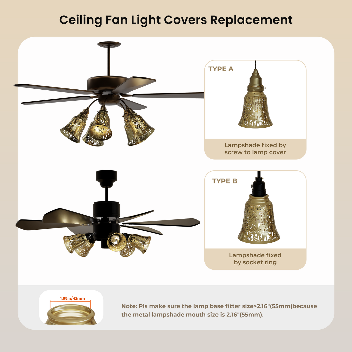 Replacement ceiling fan light covers with detailed illustrations and measurements.