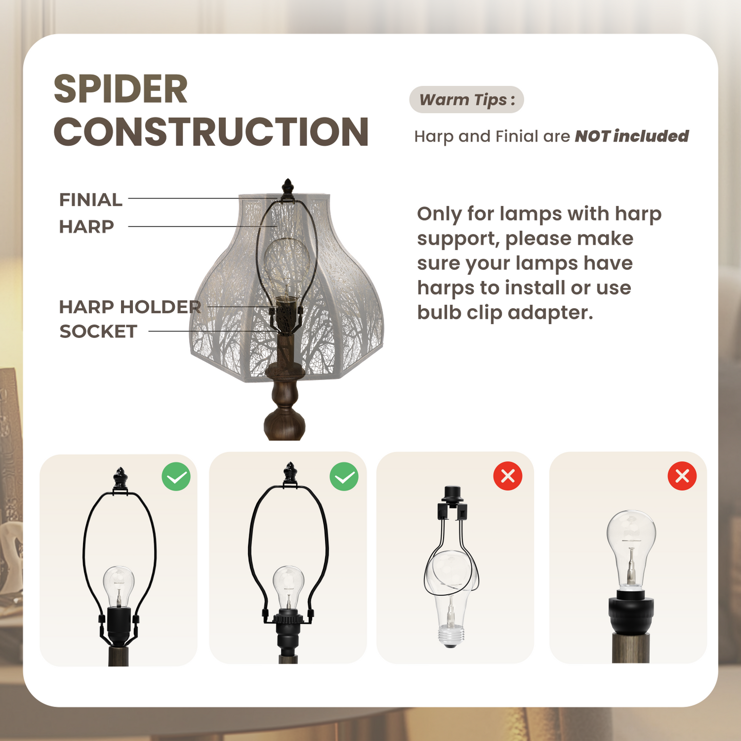 Lamp assembly diagram with labeled parts and usage instructions.