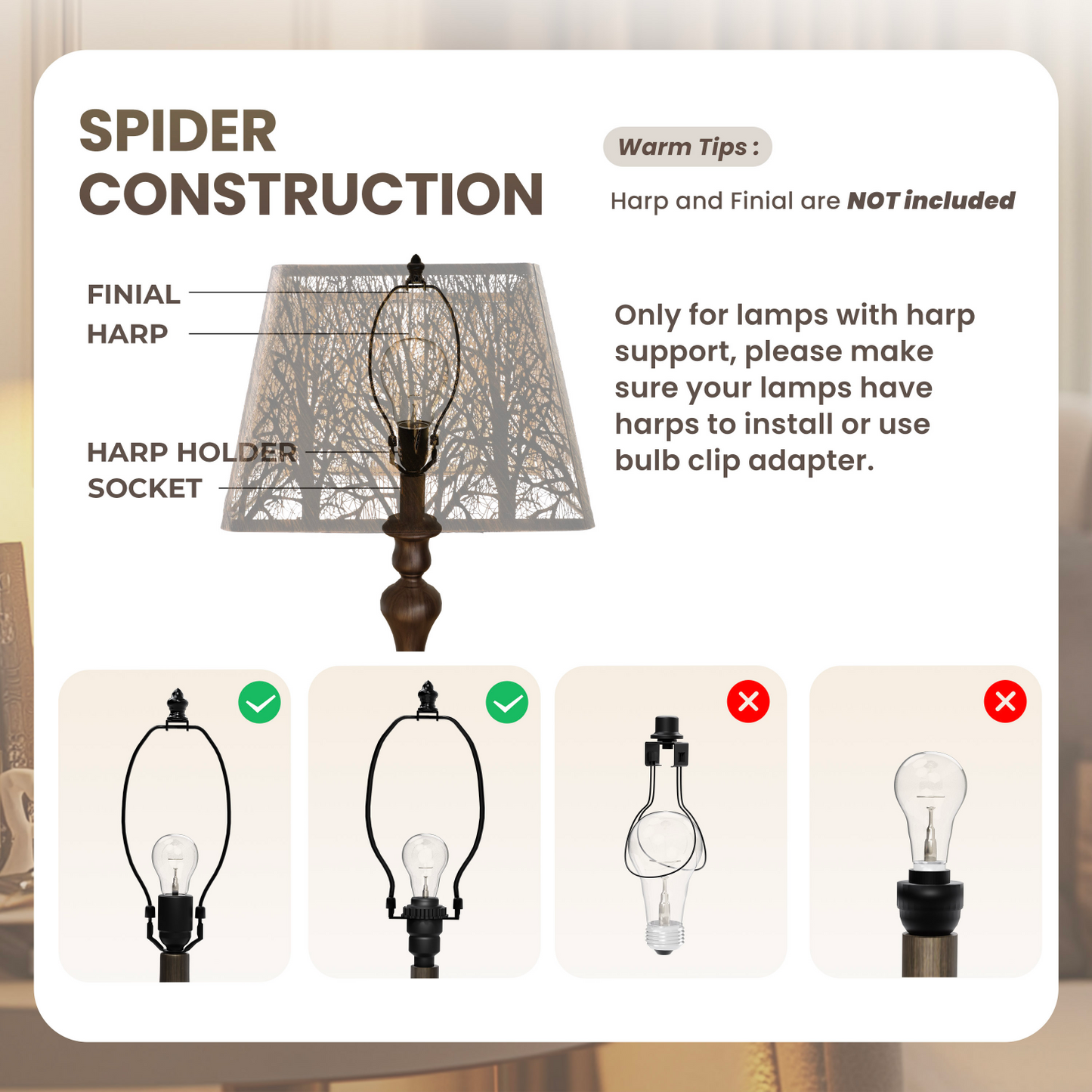 Lamp parts diagram with spider construction and bulb installation instructions.