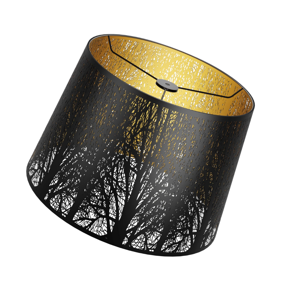 A drum-shaped lampshade with detailed etched tree patterns, predominantly black in color with a golden interior.