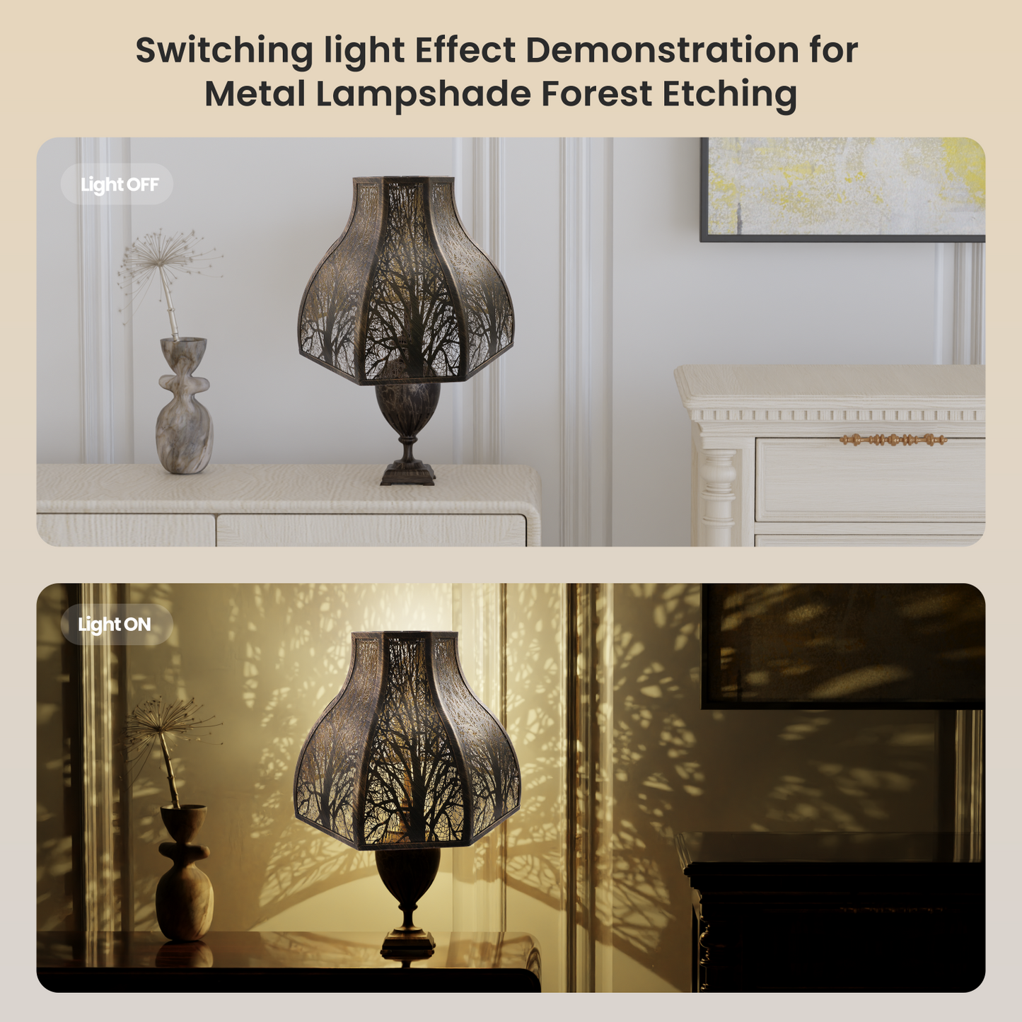 Demonstration of a metal lampshade with forest etching in a room setting.