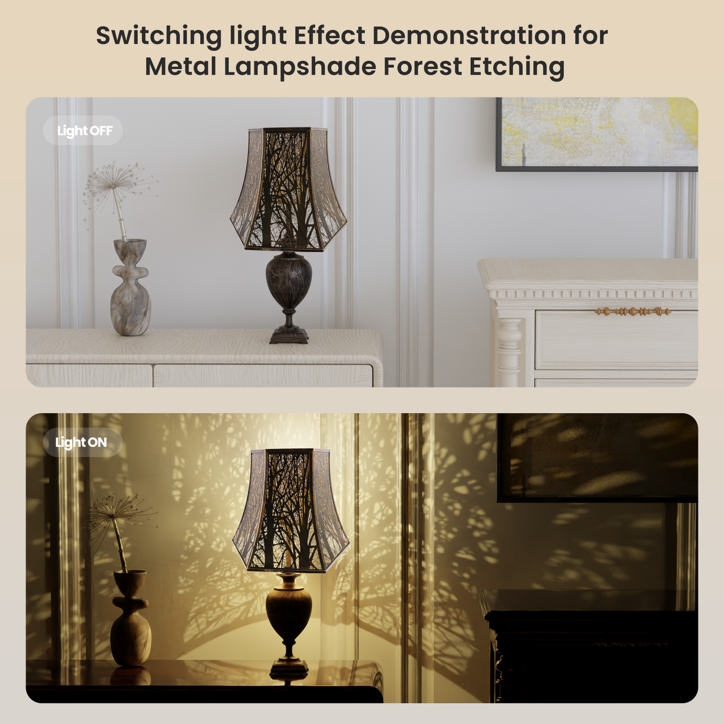 Two images showing a metal lampshade with forest etching. The top image displays the lampshade off, with a plain lamp base and the bottom image shows the same lampshade on, casting a warm, patterned light effect on the wall and ceiling.