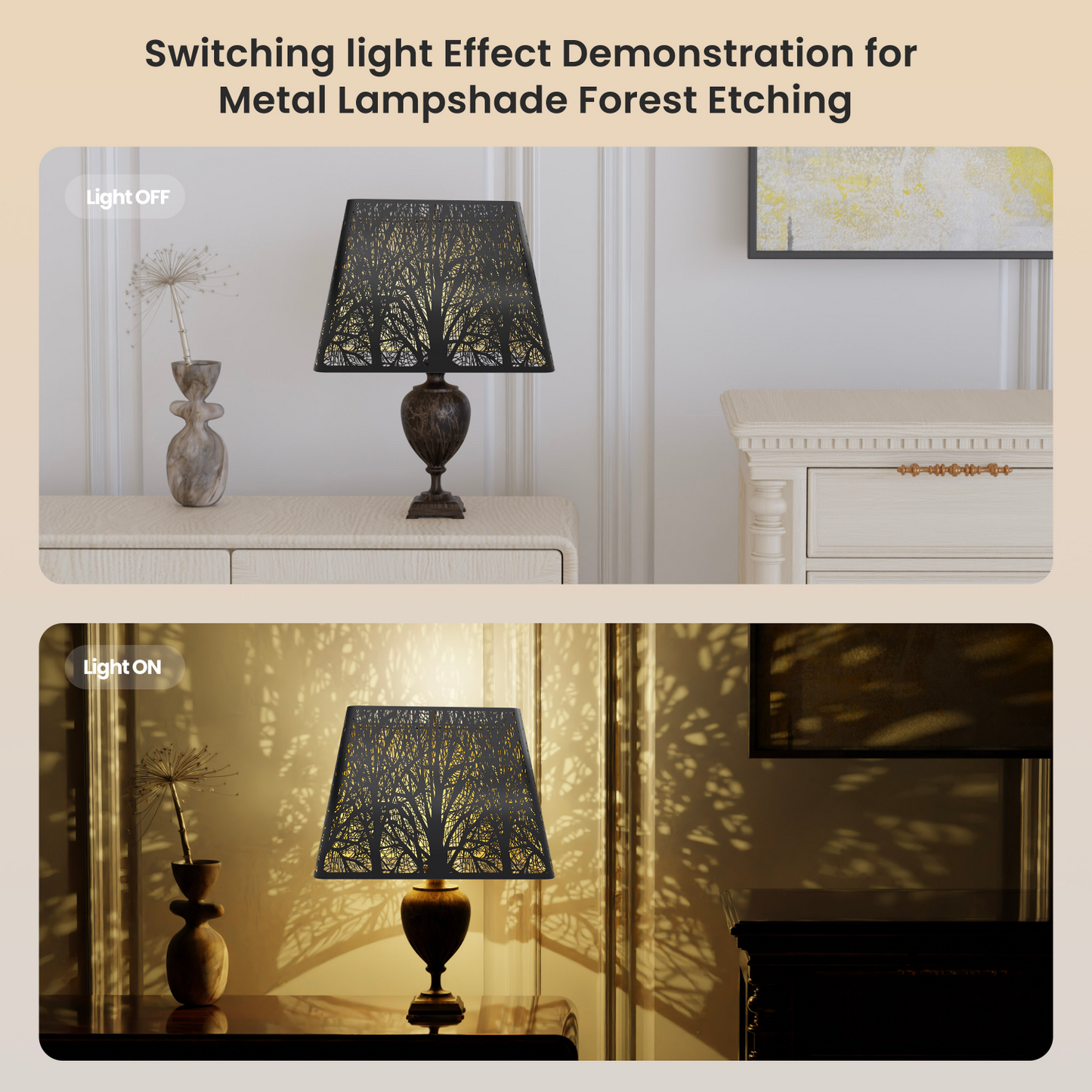 Demonstration of a metal lampshade with forest etching in a room setting.