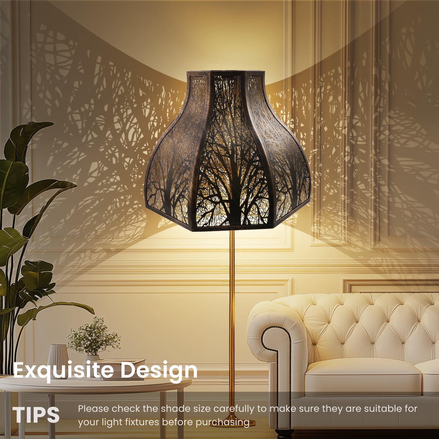 Decorative floor lamp with tree branch design in a living room.