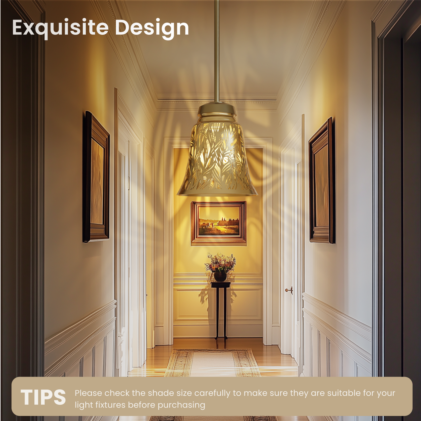 Antique bronze exterior with gold interior lamp shades hanging in a hallway, casting a warm glow.