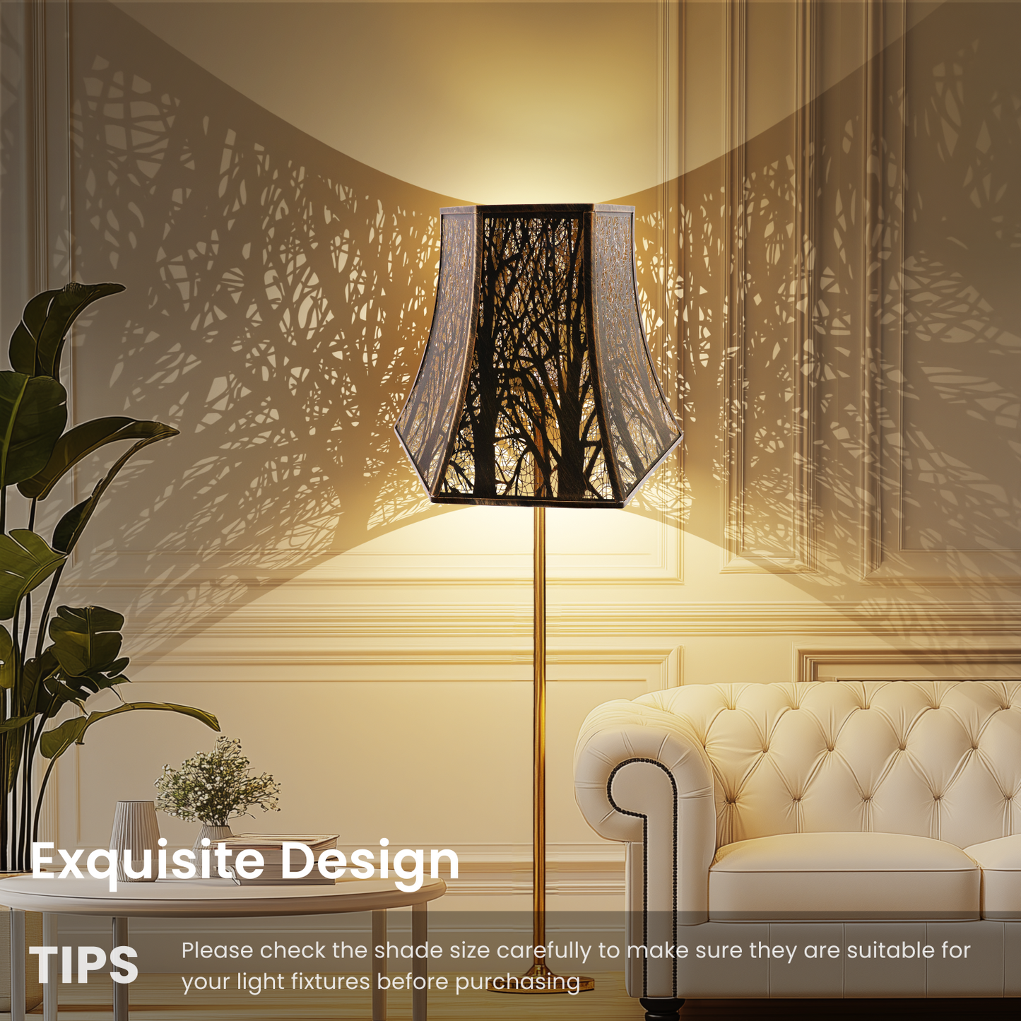 Decorative floor lamp in a living room with a plant and sofa.