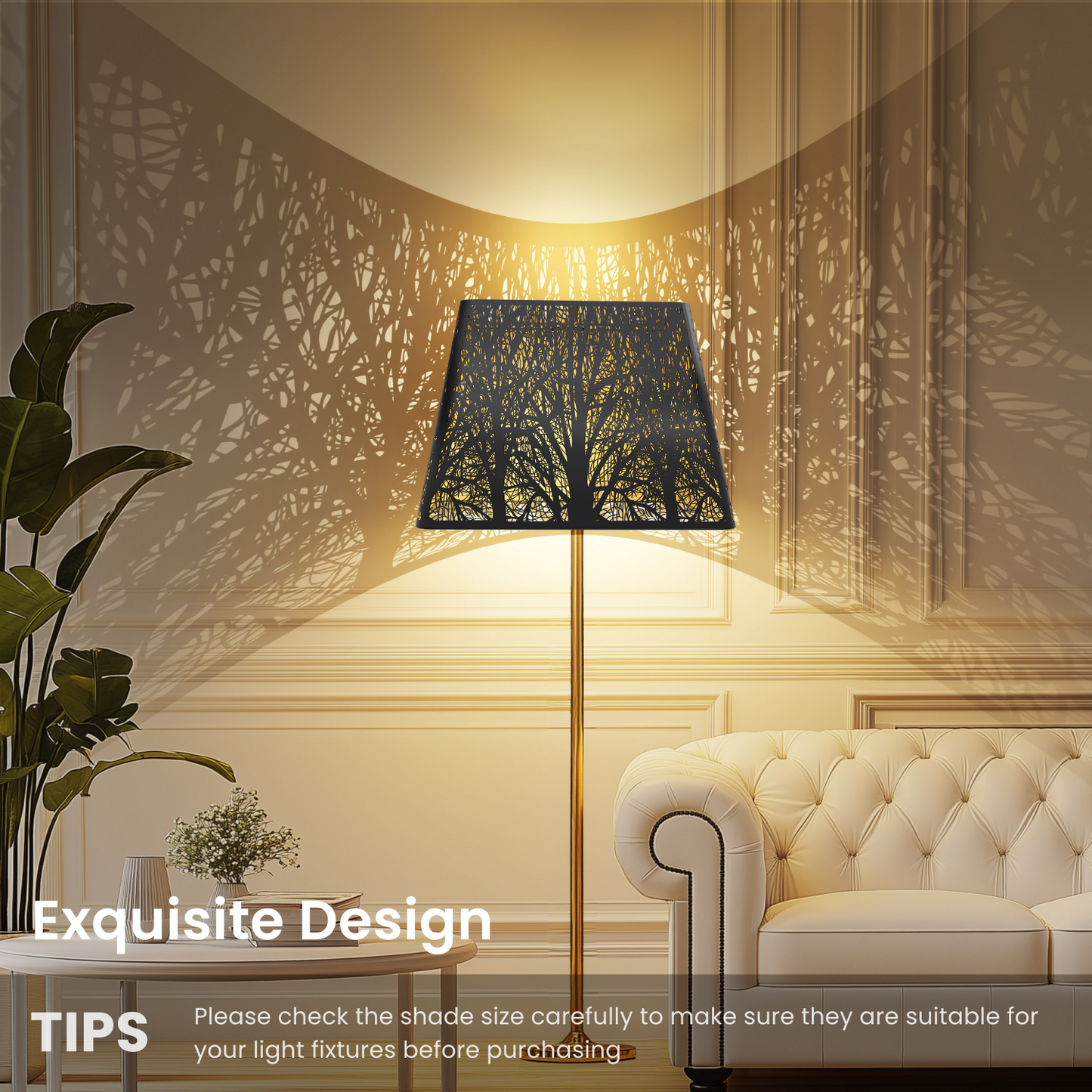 Decorative floor lampshade in a living room with tree shadow design.