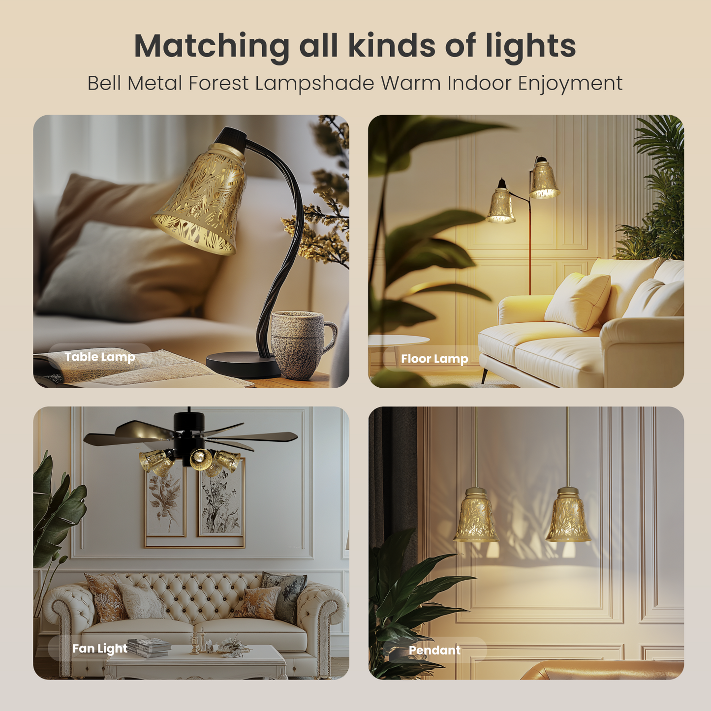 Collage of Bell Metal Forest Lampshade in various indoor settings