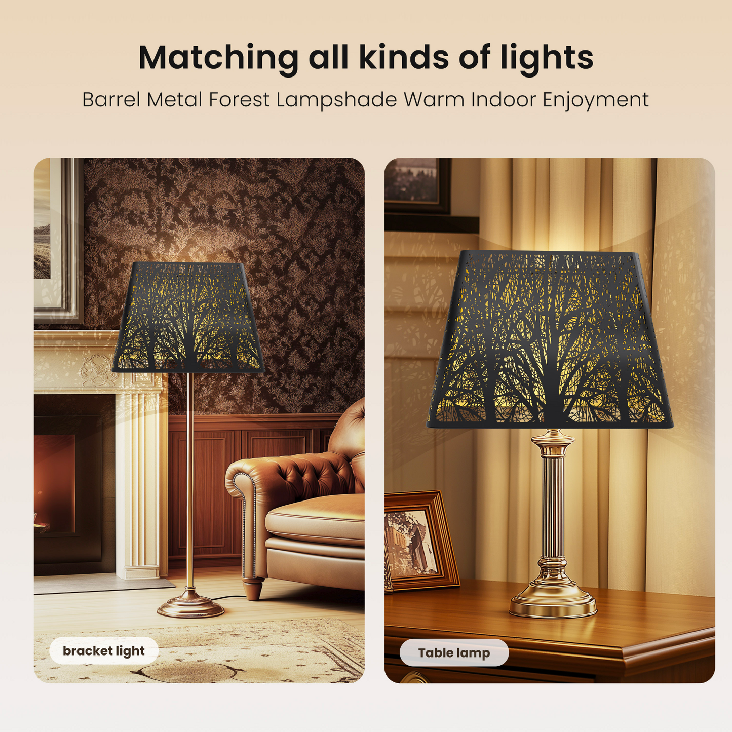 Decorative lampshades matching various types of lights in a home setting.
