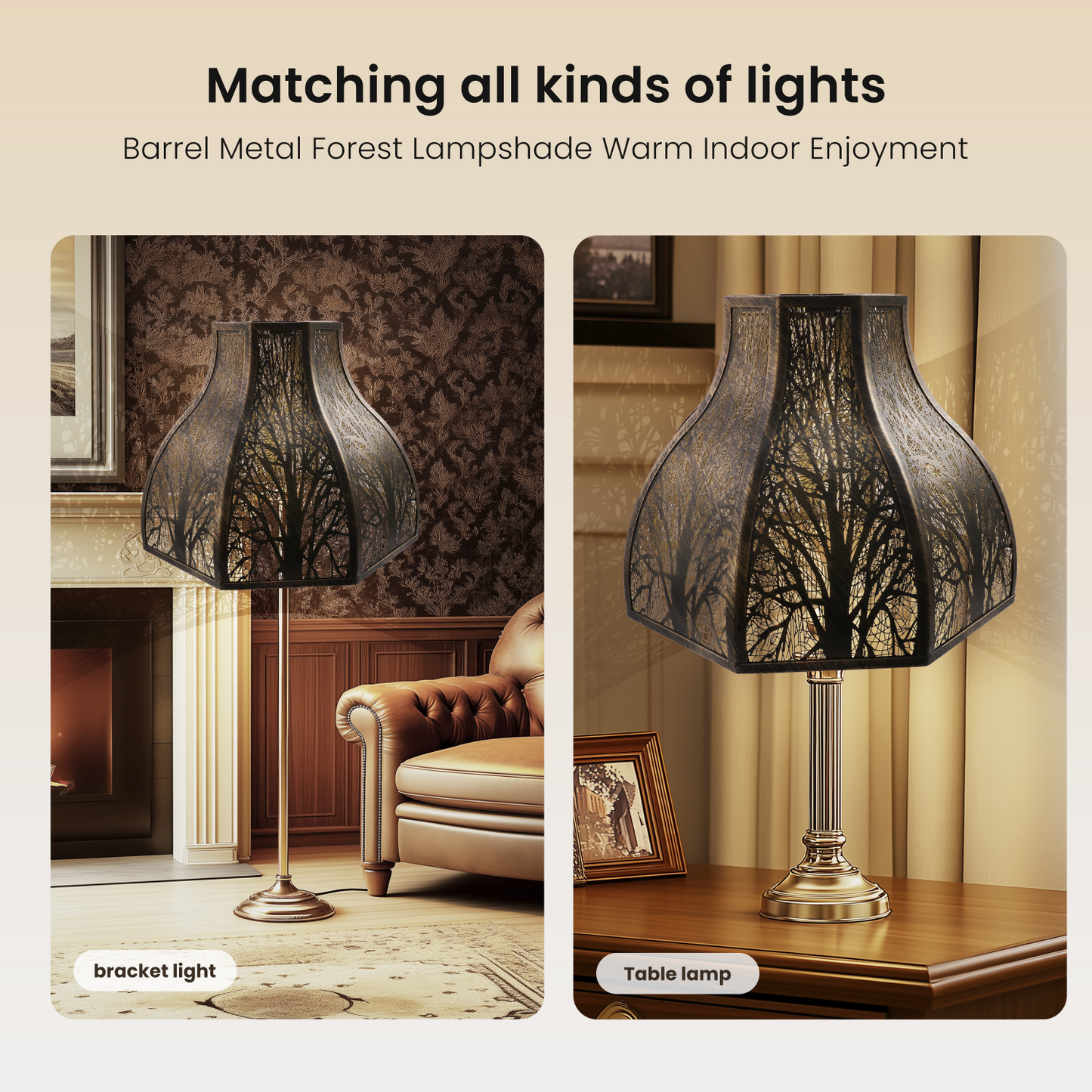 Decorative lampshades matching various types of lights in a cozy room.
