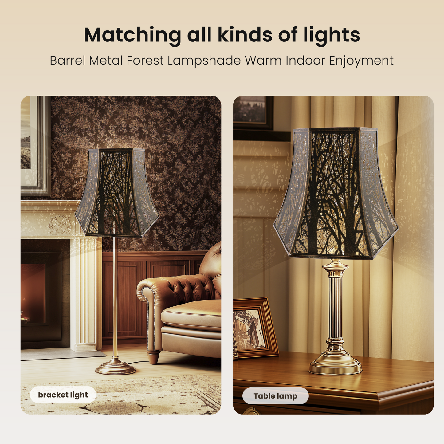 Decorative lampshades matching various types of lights in a cozy room.