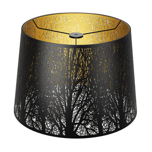 A drum-shaped lampshade with detailed etched tree patterns, predominantly black in color with a gold interior.