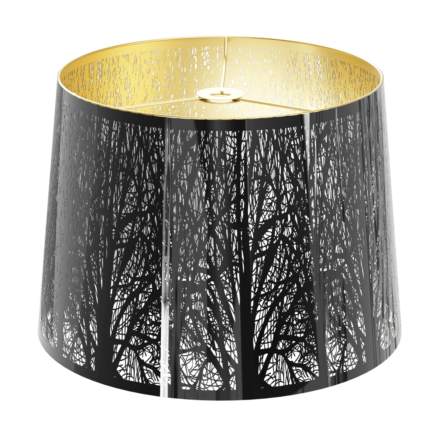 A black chrome metal lampshade with a gold interior, designed for use with spider fitters.