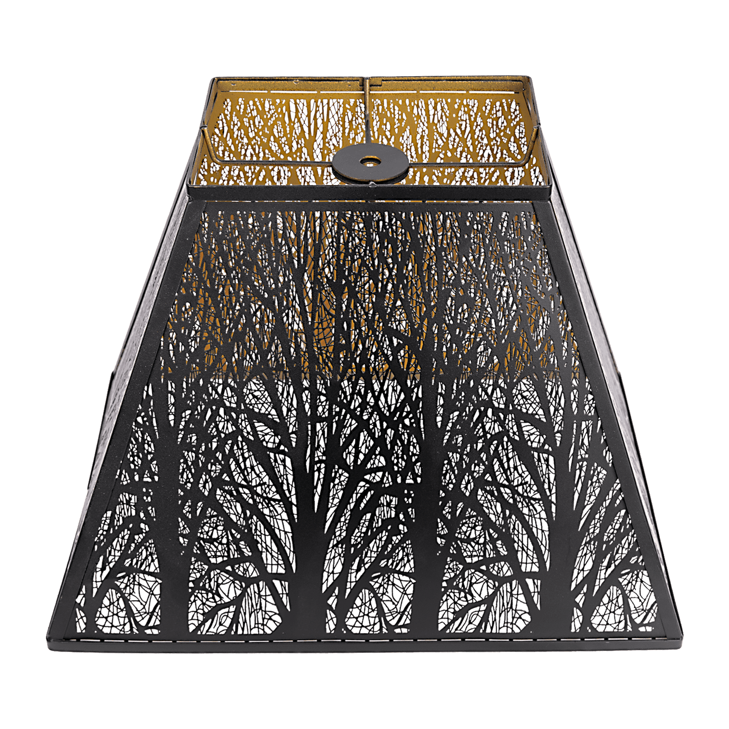 A pyramid-shaped metal lamp shade with black and gold etched forest details.