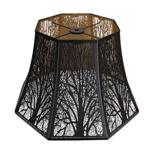 A beveled octagon metal lampshade with black and gold tones featuring deep forest etching.