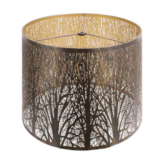 A cylindrical metal lampshade with a geometric forest pattern, predominantly in brown tones.