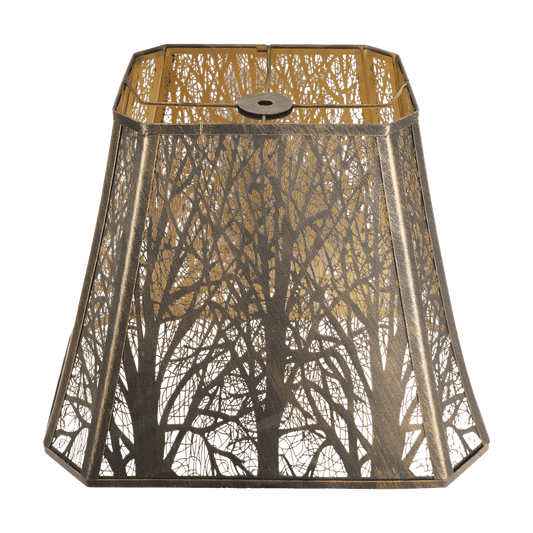 A large, forest etched metal lampshade with a brownish-gold color and a rectangular shape.