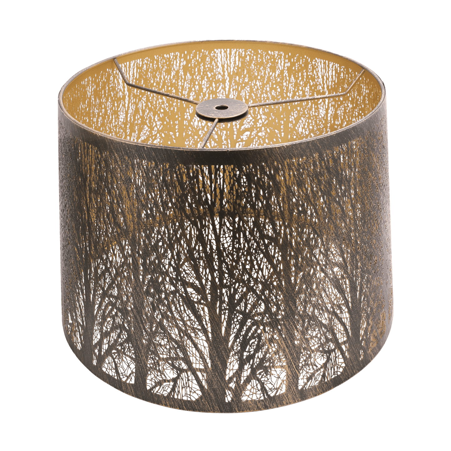 A cylindrical metal lampshade with a brown and beige tree etched pattern.
