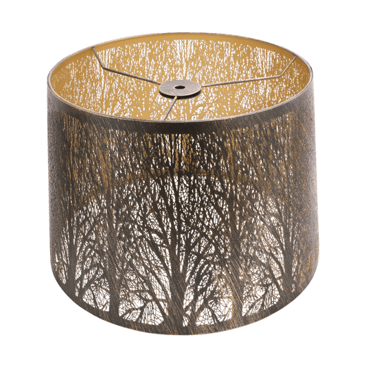 A cylindrical metal lampshade with a brown and beige tree etched pattern.